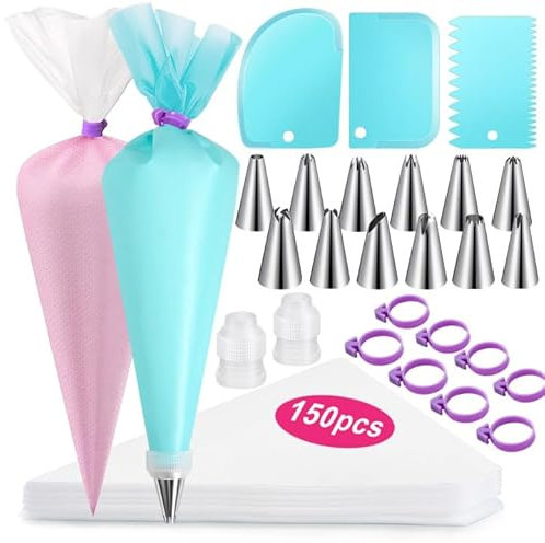 AMOHEE 176PCS Piping Bags and Tips Set, Includes 150pcs 12 Inch Anti Burst Piping Bags, 1 Reusable Pastry Bags, 12 Piping Tips, 8 Icing Bags Ties, 3 Cake Scrapers and 2 Couplers