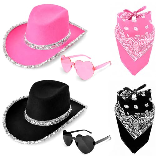 Pipihome Cowboy Hat Women, Cowgirl Hat, 6 Piece Set Western Hat with Bandana and Heart Sunglasses, Cow Girl Outfit Women for Wedding Bachelorette Birthday Party Costume Accessory