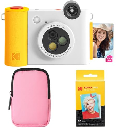 KODAK Smile+ - Cámara instantánea Digital 2 en 1 e Impresora fotográfica - Estuche Suave + Papel Zink - 10 MP, Lente giratoria, Color Blanco