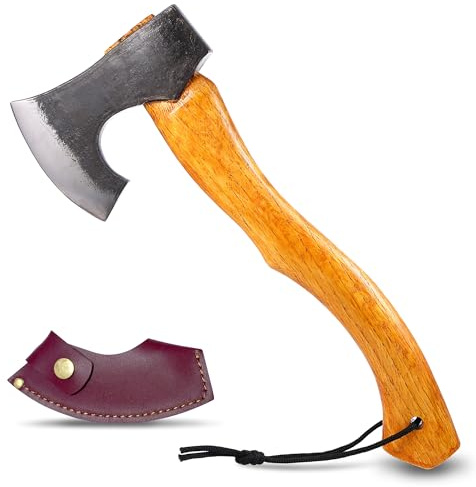 LUIOUS Camping Axe Hatchet, 15.35 Forged Steel with Leather Sheath, Bearded Axe with Beech Handle, Outdoor Hatchet for Wood Splitting, Ideal Valentine's Gift for Men