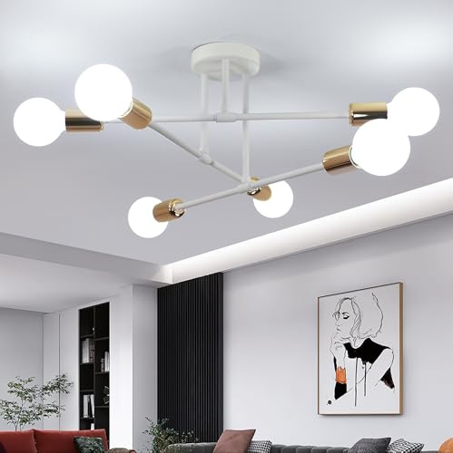 Lampadario da Soffitto, Plafonier Moderna a 6-Luci, Lampadari Camera da Letto Bianco e Oro in Metallo E27 per Soggiorno Sala da Pranzo Cucina, 52CM (lampadine Non Incluse)