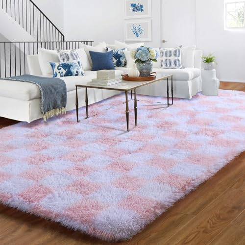Teppich Kariert Wohnzimmer 90x150cm, Waschbarer Teppiche Schlafzimmer Rosa, Flauschig Hochflor Verliert Keine Haare Teppich Schachbrettmuster, Modern Schachbrett Carpet für Living Room Kinderzimmer
