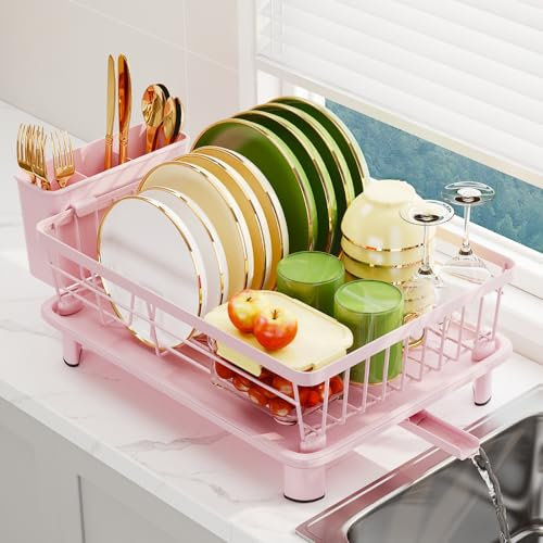 GHERISN Égouttoir à vaisselle avec plateau d'égouttement, égouttoir à vaisselle avec bec de drainage, égouttoir à vaisselle en acier inoxydable avec tasses, ustensiles et planches à découper pour