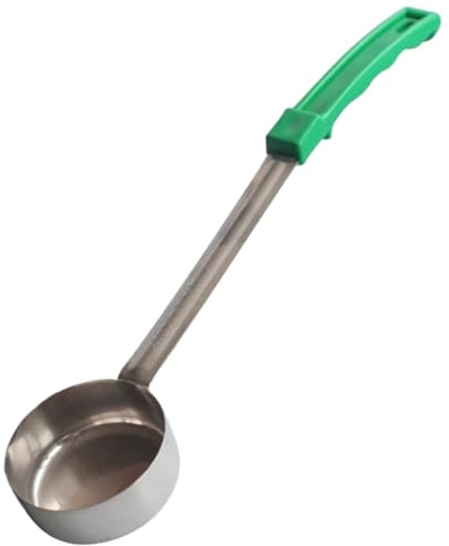 DECHOUS 4oz Green Stainless Steel Sauce Ladle Flat Bottom Kitchen Spoon for Pizza Sauce Spreading and Soup Serving, Cooking Spoon for Home and Restaurant Use