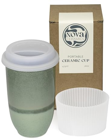 NOVA CERAMICS Coffee Travel Mug – Reusable Coffee – Microwave & Dishwasher Safe Coffee Green Tumbler - Gifts For Women Men Him Her – 16oz – Emerald