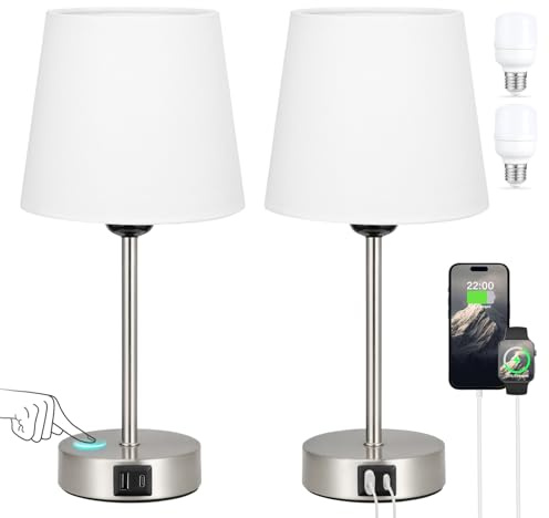 Aooshine White Bedside Lamps Set of 2, Touch Dimmable Table Lamp with USB A+C Charging Ports, Silver Base, White Linen Shade(Bulbs Included)