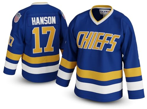 Steve Hanson #17 Charlestown Chiefs Hockeytrikot – Slap Shot-inspirierter Throwback, genähte Buchstaben, Größen S-5XL, Blau, L