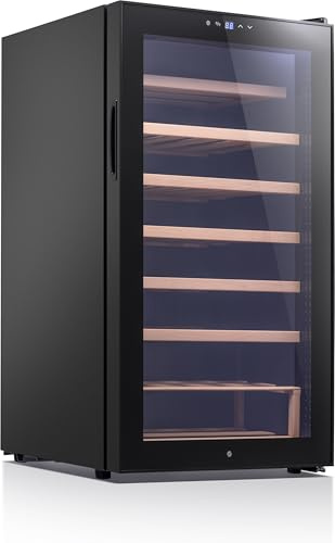 Ströme Vinkyl 32 Flaskor – Elegant Vinkylskåp med LED-belysning, Trähyllor, Justerbar Temperatur 5–18 °C, Svart (JC-98A)