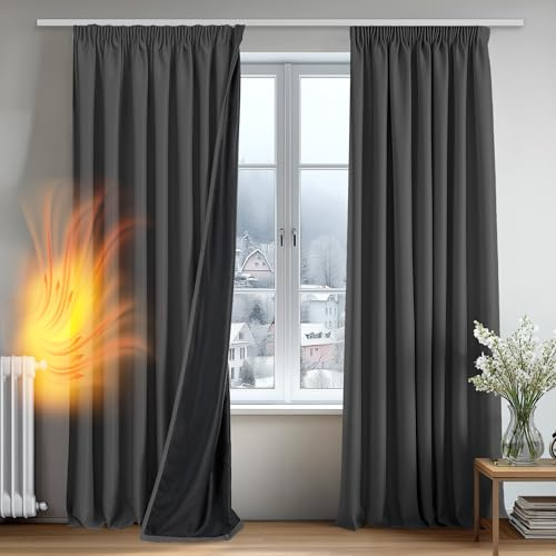 Deconovo 100% Verdunklungsvorhänge Blickdicht Vorhänge mit kräuselband Gardinen Wohnzimmer Vorhang Verdunkelung Thermovorhänge gegen Hitze Wärmeisolierend, H175 x B140 cm, Dunkelgrau, 2er Set