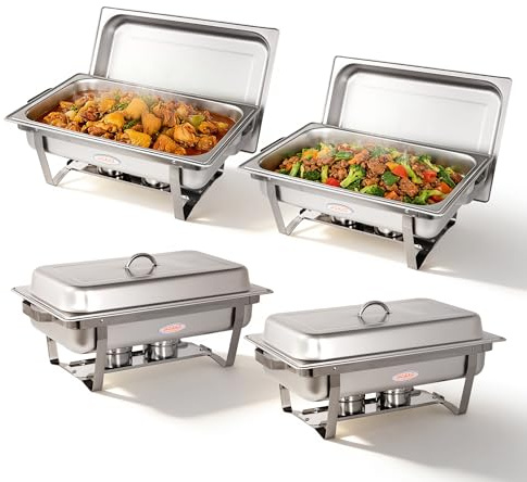Hakka Lot de 4 Chafing Dish Rectangulaire Buffets Chauffants 9,5L chauffe-plats professionnel avec 4 bacs, chauffe-plats en acier inoxydable avec couvercle, réservoir à combustible, cadre pliable, pou