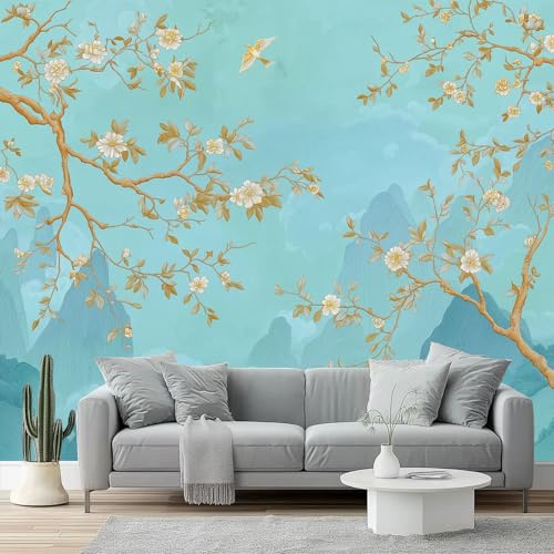 Carta da parati Fiori Uccelli Montagne E Fiumi Artistico Murale alla moda Decorazione da Muro 250 x 175 cm MuraleModerne Decorazione Soggiorno Camera De Letto Sala Ufficio Ciano Oro