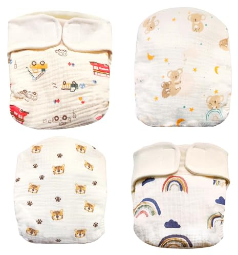Stoffwindeln Baby Baumwolle, 4 Stück Waschbare Windeln mit Verschiedenen Cartoon-Mustern, L Spreizhose, Stoffwindeln überhose für Die Meisten babys und Kleinkinder (5-9kg)