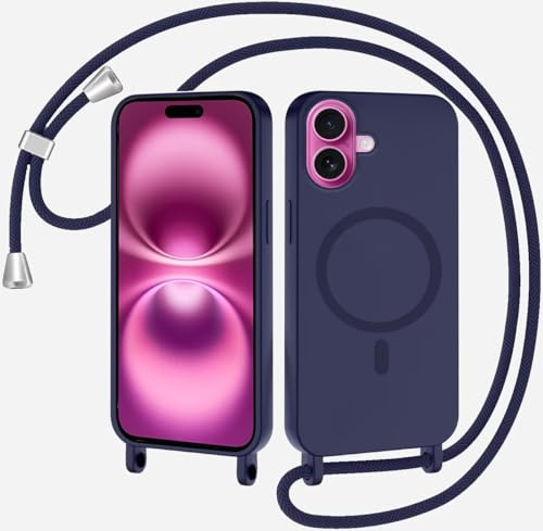 SLWYF Magnetische Handykette für iPhone 17 Hülle mit Band, Handyhülle Kompatibel mit MagSafe, Silikon Seil Necklace Handyhülle PU Stoßfest mit Abnehmbar Kordel zum Umhängen Case - Dunkelblau