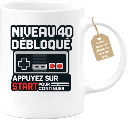 quotedazur Café-Croissant - Mug Personnalisé Tasse Cadeau Niveau 40 Débloqué Appuyez Sur Start Pour Noël Continuer - Blanc/Céramique
