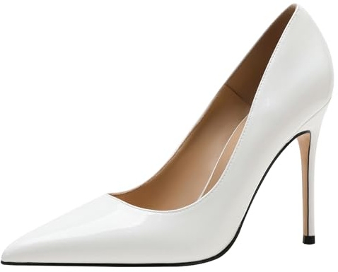 Wtharosa dam stilett pumps klassiska spetsiga tår höga klackar lackläder court skor för kontor arbete och formella tillfällen, Vit klack 6 cm, 34 EU