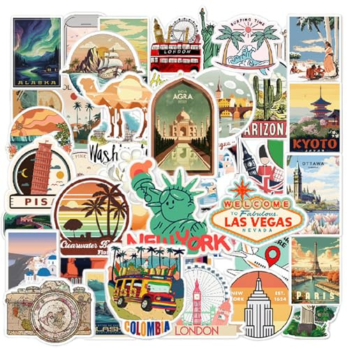 Wasserfeste Welt Reise Aufkleber Sticker Set 100 Stücke, Globale Berühmte Land Stadt Symbole Vinyl Aufkleber für Laptop Koffer Helm Motorrad Skateboard Auto Fahrrad Computer Aesthetic Städte Sticker