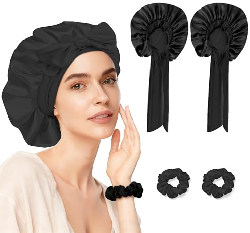 Yornoli 2 Stück Seidenhaube zum Schlafen mit Haargummis, Verstellbare Satin Haarhaube für die Nacht Locken & lange Haare, Silk Bonnet Duschhauben Schlafhaube haare schützen