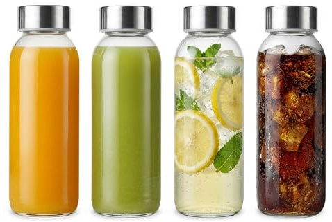 Bayseun 4Pcs Glass Juice Bottles with Lids 300ml, Reusable Clear Glass Water Bottles with Stainless Steel Airtight Cap Leak Proof Drinking Bottles for Refrigerator Homemade Beverage, Milk, Smoothies
