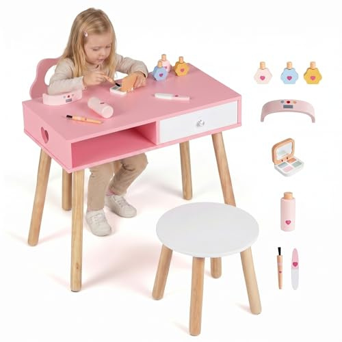 COSTWAY 2 in 1 Set Tavolo Manicure per Bambini, Set Toeletta per Bambini con 2 Sedie in Legno con Cassetto e Scomparto, Postazione Trucco per Gioco e Studio, per Cameretta, 61 x 35 x 51 cm