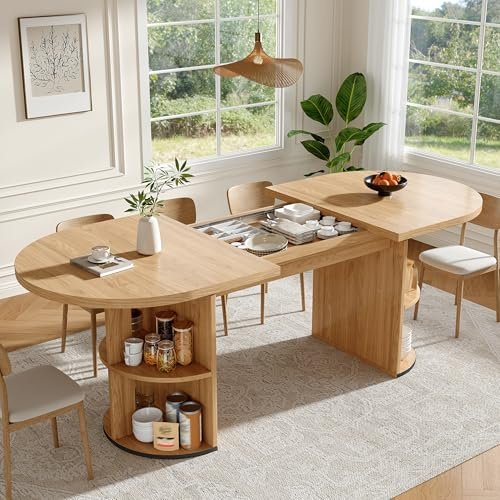 FammyLoft Ausziehbarer Esstisch 120-160cm, Klappbarer Küchentisch mit Versteckter Stauraum, Dining Table mit Verdickter Desktop, Runder Esszimmertisch für Esszimmer/Kitchen, Ohne Stühlen