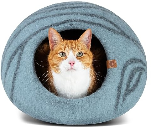 MEOWFIA Kattgrotta – premiumfilt kattbädd för inomhuskatter, handgjord 100% merinoull (akvamarin, Large)