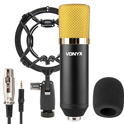 VONYX CM400 Microphone à Condensateur Noir et Or - Microphone de Studio, Grand Diaphragme, pour Chant et Instruments, Faible Distorsion, SPL Élevé, Prise Jack 3,5mm, Idéal pour Studio et Streamer