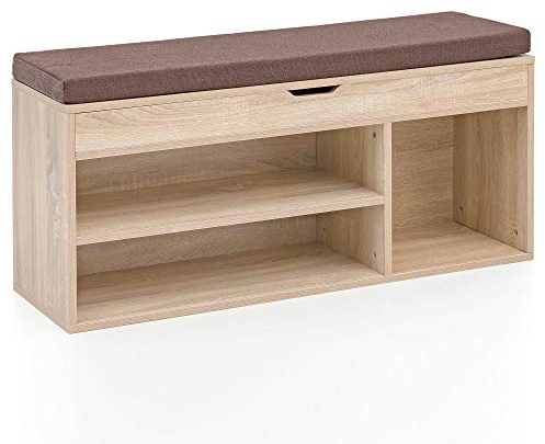 Wohnling Schuhbank WL5.344 mit Sitzfläche Garderoben-Bank Holz 104x51x32 cm Sonoma, Holzbank klein gepolstert, Sitzbank schmal Flur mit Stauraum, Truhenbank Schuhtruhe Flurmöbel