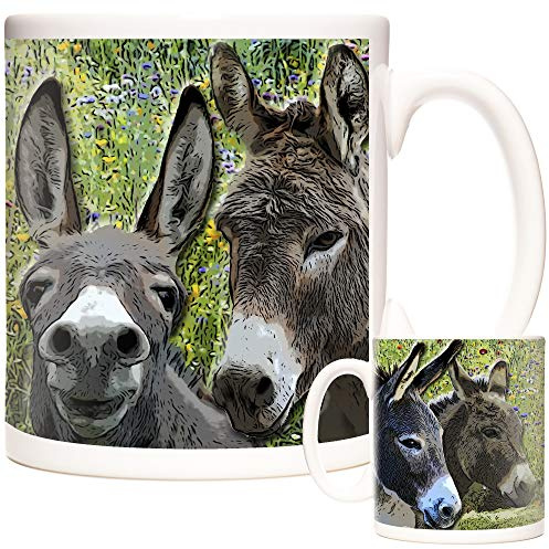 Donkey Mug. Images of Beautiful Donkeys and Wild Flower Meadow. Around Ceramic Gift Mug. Animals of THE World Range. Donley Coffee Mug or Tea Cup