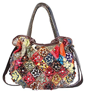 Segater® Mehrfarbig Floral Rind Leder-Umhängetasche für Damen, Vintage Rindsleder Handtasche Blumenmuster 3D Schultertaschen Damen Reisetasche mit Henkeltasche Patchwork bunte Geldbörsen Henkeltaschen