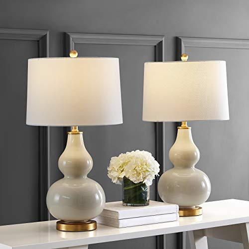 SAFAVIEH Lighting Collection – Karlen Set of 2 Cream & Gold Leaf Double Gourd Glass Table Lamps, Modern Contemporary Design, LED Bulbs Included (TBL4223A-SET2)