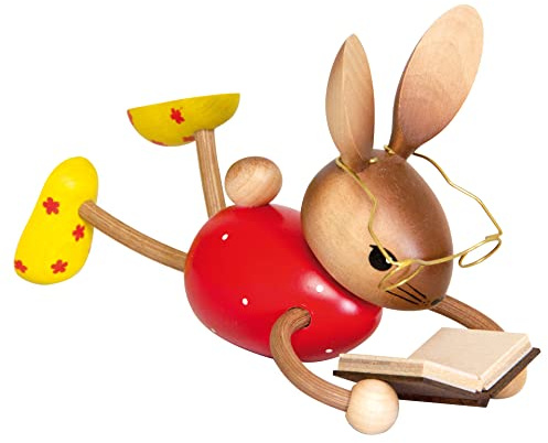 Drechslerei Kuhnert - Osterdekoration / Osterhase - Kuhnerthase im liegen mit Buch - aus Holz - Größe: stehend ca. 19 cm - Made in Germany