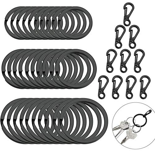 KBNIAN 40 Stück Schwarz Metall Flache Schlüsselringe Split Ringe und Mini Schwarz Karabiner Schlüsselanhänger für Bergsteigen Wandern Outdoor Camping Reisen