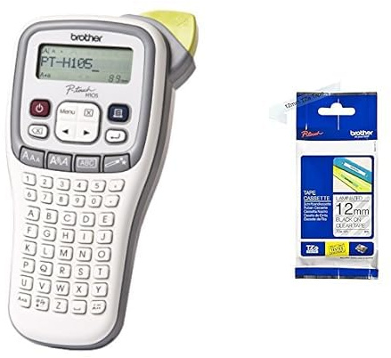 Brother PT-H105 Beschriftungsgerät (für 3,5 bis 12 mm breite TZE-Schriftbänder, bis zu 20 mm/Sek. Druckgeschwindigkeit) & TZe131 Original P-Touch Schriftband12 mm, schwarz auf transparent