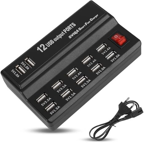 Caricatore Multiplo, 12 Porte Stazione di Ricarica USB Portatile Adattatore Hub USB 5V 10A Ciabatta Multipresa Caricatore USB Multiplo per Cellulari, Tablet e Altri Dispositivi (EU)