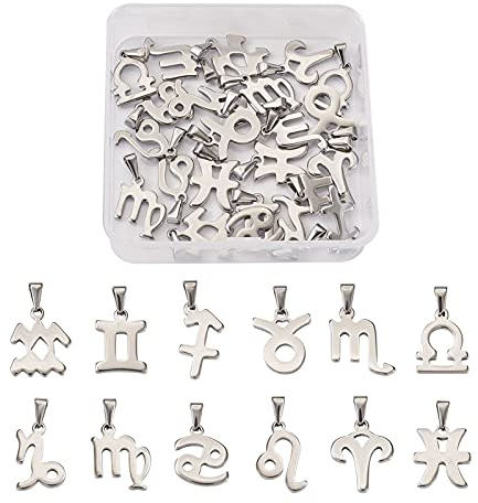 Beadthoven Sternzeichen-Anhänger aus 304 Edelstahl, 12 Sternbilder, für DIY-Halsketten, Armbänder, Schmuckherstellung, 24 Stück