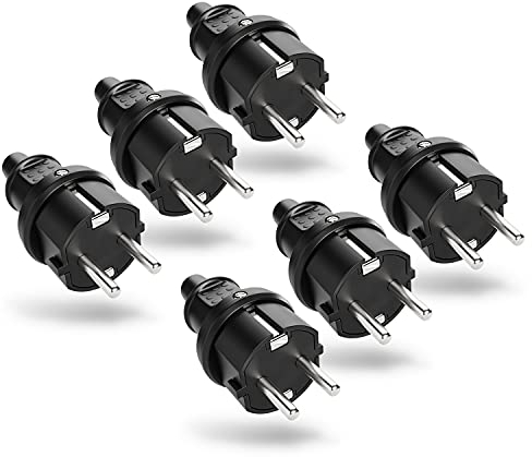 greate 6x Schuko Stecker Aussenbereich mit Knickschutz - Schukostecker Gummi mit Zugentlastung, 2-polig, 230V, 16A & 3,7kW - IP44 Schukostecker Außenbereich schwarz - Schutzkontakt Stecker 230V