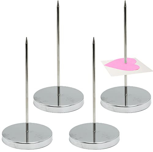 4 st pappersanteckningshållare, kvitto spikpapper spik kvittofaktura biljett anteckning memo spik med rund bas, metall rak stång kvittohållare för restaurang kök hotell kontor (silver)