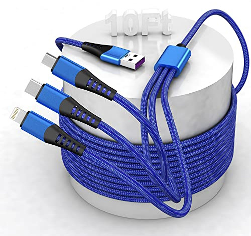 Multi 3 in 1 USB langes Ladekabel,Universal Ladekabel 3M/10Ft Nylon Geflochtenes PD 6A Schnell Ladekabel mit mehreren Anschlüssen mit USB C/Micro USB/Lightning Anschluss für iPhones/Android/Samsung