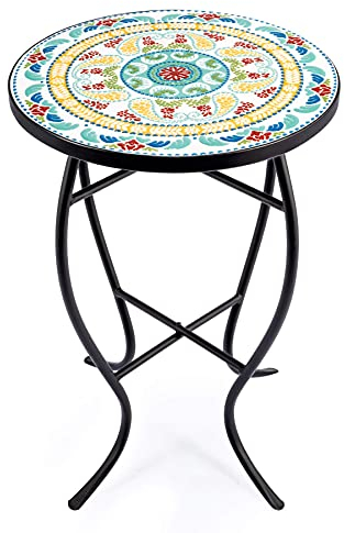 VONLUCE 35,5cm(14) Mosaik Beistelltisch Runder Retro Mosaiktisch Metalltisch Kaffeetisch Blumenständer Pflanzenständer Blumenregal mit Mosaikplatte(Grün&Orange)