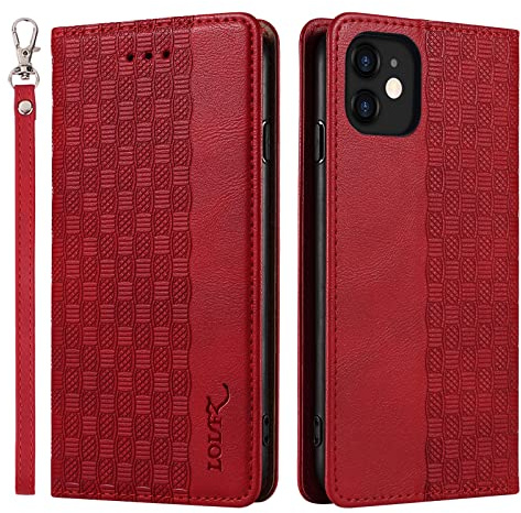 LOLFZ Case for iPhone 11, Leather Flip Wallet Case Card Slots Kickstand Wrist Strap Protective Magnetic Phone Case Cover for Apple iPhone 11 - Red