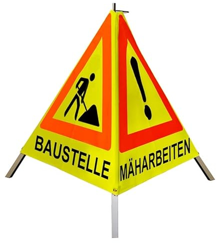 Warnpyramide/Faltsignal 90cm - BAUMFÄLLUNG MÄHARBEITEN(VZ101) BAUSTELLE(VZ12), leicht, gelb tagesl.