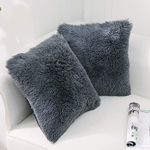 NordECO HOME 2er Set kissenbezüge 50x50 cm Kissen Dunkelgrau Künstlich Pelz Fellkissen Dekorative Deko Kissen Kuschelkissen Flauschig Sofakissen Weich Plüschkissen für Sofa