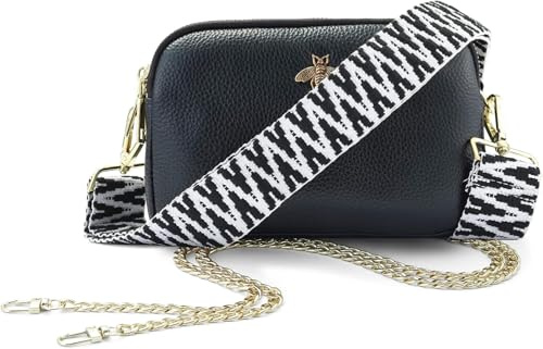 Woodland Leathers Genuine Leather Ladies Cross Body Bag, Shoulder Bag With Adjustable Wide Strap, Chain And Wrest Band, Italian Designed Multipurpose Shoulder & Crossbody Bags For Women (Black)