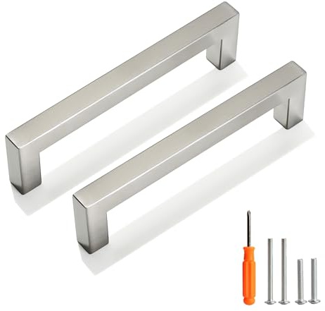 Redunest Cabinet Pulls Brushed Nickel Cabinet Handles Square Drawer Pulls, 10 Pack 5 Inch Stainless Steel Kitchen Door Cupboard Cabinet Handles, Cabinet Hardware Drawer Handles, 128mm Hole Centers