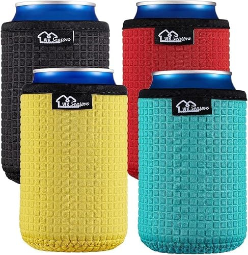 WK IEASON 12oz Standard Can Sleeves Insulators Holder 12OZ Beer Bottle Sleeves Non-Slip Neoprene Can Cooler for Coco cola, White Claw and More 4PC Pack