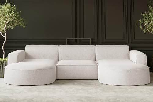 Kaiser Möbel - Ecksofa mit Wohnlandschaft, Sofa U-Form, Polstersofa, Bequemes Couch mit Ottomanen für Wohnzimmer, Relaxsofa, Bigsofa, Lounge-Set U Form, Verita Stoff, Modena U Studio, Ecru
