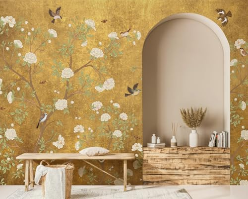 Ausril Plommon blomster väggtapet, gyllene bakgrund blommig väggmålning, Chinoiserie fågel blommålning, vintage grenar tapet för vardagsrum, sovrum, matsal 408 cm x 274 cm (Peel and Stick)