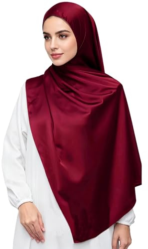 Lina & Lily Lyxig satäng hijab huvudscarf sjal för muslimska kvinnor extra lång, Vinröd, en storlek