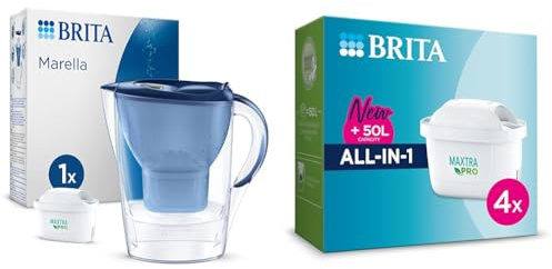 BRITA Marella Water Filter Jug Blue (2.4L) incl. 1x MAXTRA PRO All-in-1 cartridge & MAXTRA PRO All In One Water Filter Cartridge 4 Pack - Original BRITA refill reducing impurities, chlorine