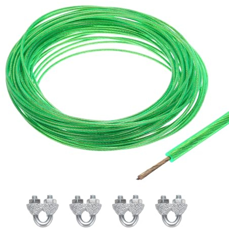 Sourcing Map Green 2mm (1/16 inch) Vinyl Coated Galvanized Steel Wire Rope, 15m /49ft with 4PCS M3 Loop Sleeves for String Light Hanging, Deck Railing, Garden Wire